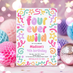 Invitation Balloons Confetti Four Ever Wild 4ème Anniversaire
