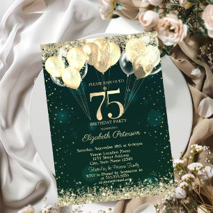 Invitation Balloons Confettis Pailletés Or Vert 75 ans Annive