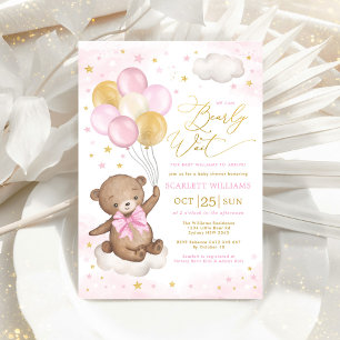 Invitation Balloons de fille Baby shower en or rose Teddy Bea
