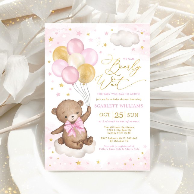 Invitation Balloons de fille Baby shower en or rose Teddy Bea (Créateur téléchargé)