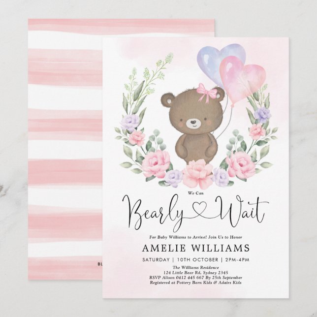 Invitation Balloons de fille rose violet ours en peluche Baby (Devant / Derrière)