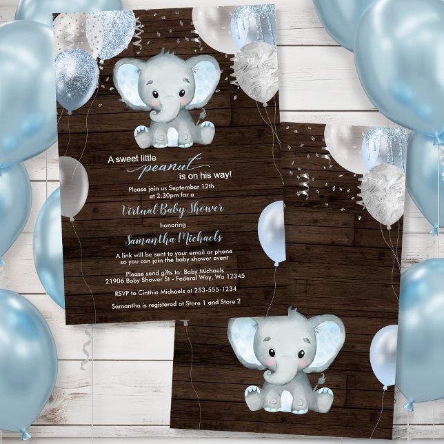 Invitation Balloons de garçon éléphant rustique Baby shower v (Rustic Elephant Boy Balloons Virtual Baby Shower Invitation)