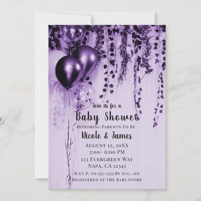 Invitation Balloons de la partie en métal violet Baby shower  (Devant)