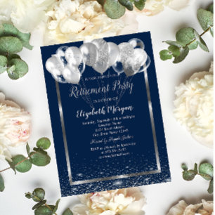 Invitation Balloons de retraite confettis marine cadre argent