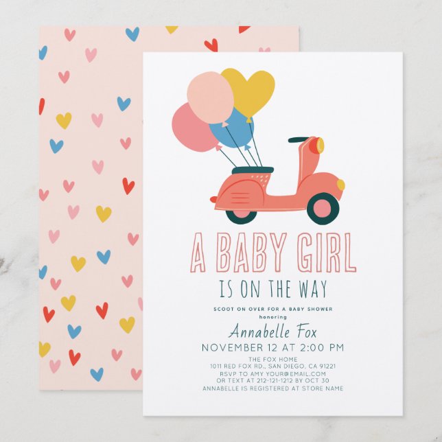 Invitation Balloons de Scooter rose Baby shower fille (Devant / Derrière)