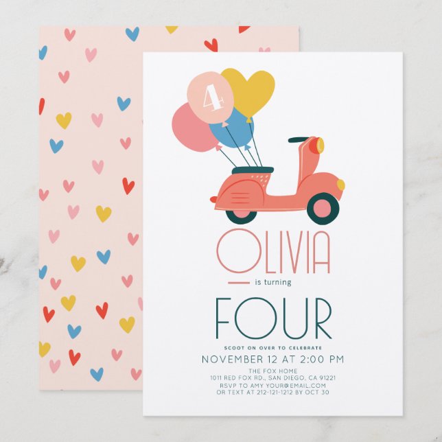 Invitation Balloons de Scooter rose Fille Anniversaire (Devant / Derrière)