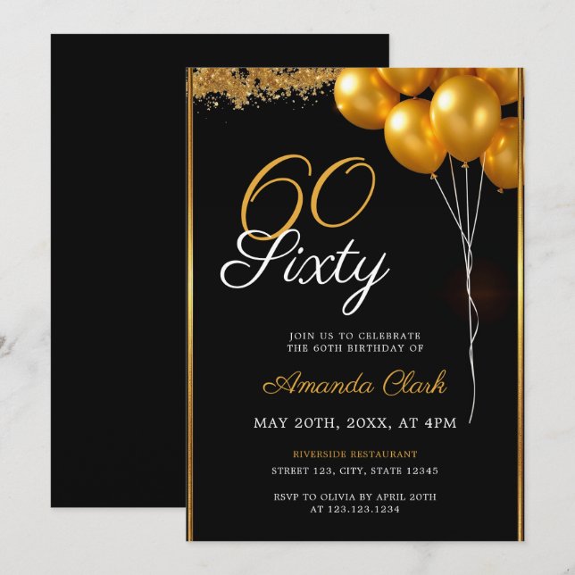 Invitation Balloons dorés glamour Confetti 60e anniversaire (Devant / Derrière)