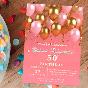 Invitation Balloons Élégants Rose et Or 50e Anniversaire