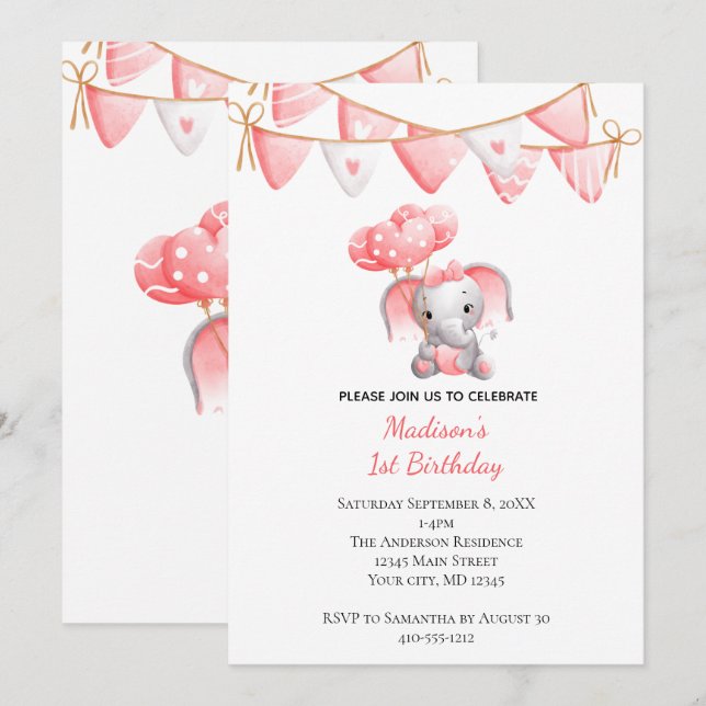 Invitation Balloons Eléphants Rose Bébé Fille Anniversaire (Devant / Derrière)