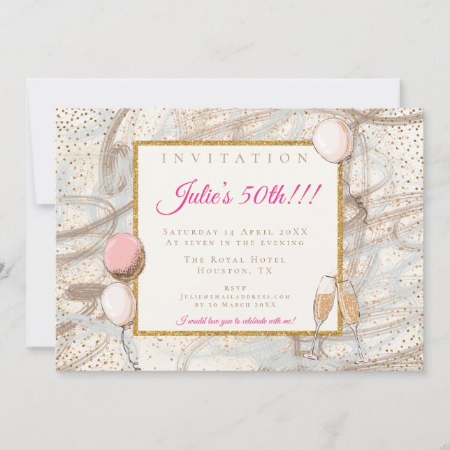 Invitation Balloons en flûtes dorées de 50ème partie (Devant)