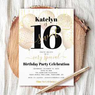 Invitation Balloons en Or Blanc pour Anniversaire 16 Ans Fill