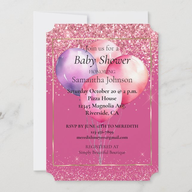 Invitation Balloons en or de Parties scintillant rose fille (Devant)