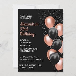 Invitation Balloons en or rose noir chic 93e anniversaire