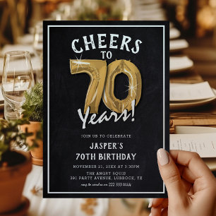 Invitation Balloons en or tableau noir rustique 70e anniversa