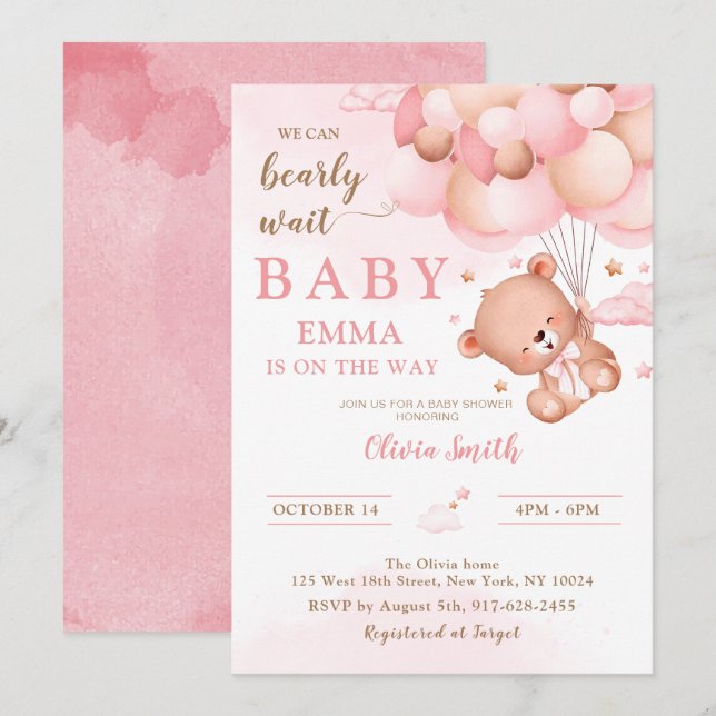 Invitation Balloons en Teddy rose Fille Baby shower (Devant / Derrière)
