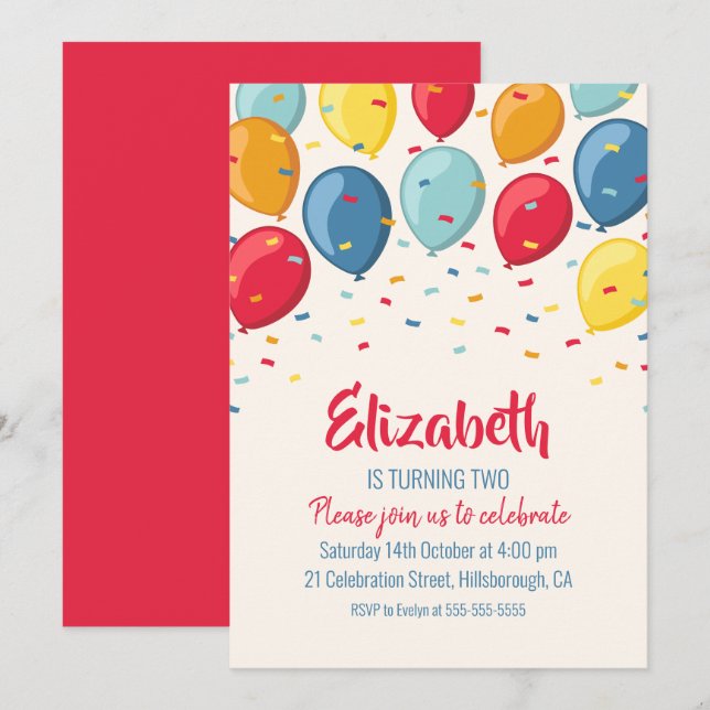 Invitation Balloons fête du 2e anniversaire| Enfants Deuxième (Devant / Derrière)