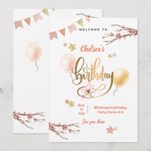 Invitation Balloons Fleurs Aquarelle Rose Anniversaire