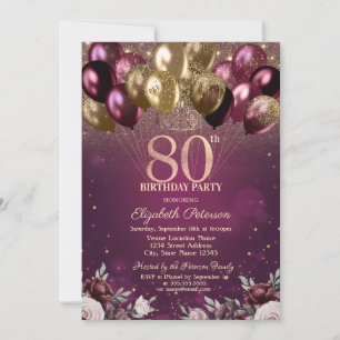 Invitation Balloons Fleurs Pailletés Bourgogne 80 Ans Anniver