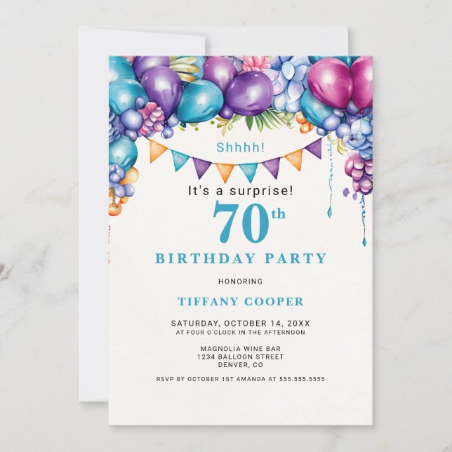 Invitation Balloons Florals Surprise 70e fête d'anniversaire (Devant)