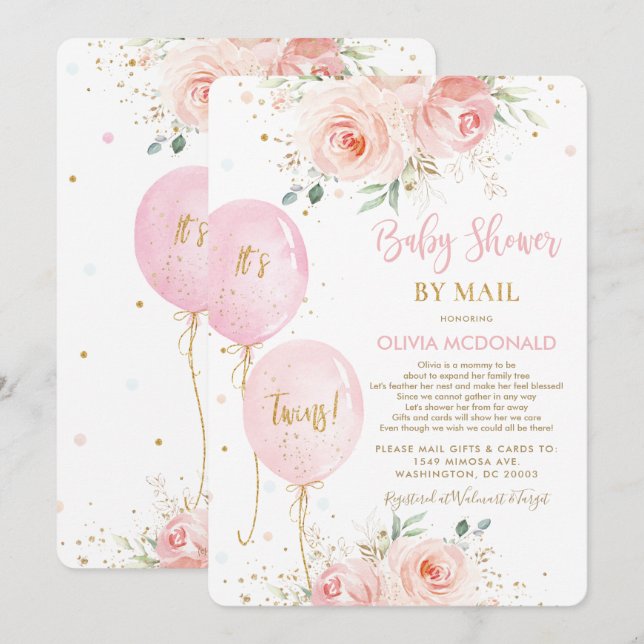 Invitation Balloons Floraux Blush Twins Baby shower par la po (Devant / Derrière)