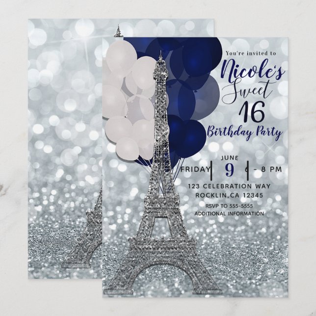 Invitation Balloons Navy Glitter Argent Tour Eiffel Paris (Devant / Derrière)
