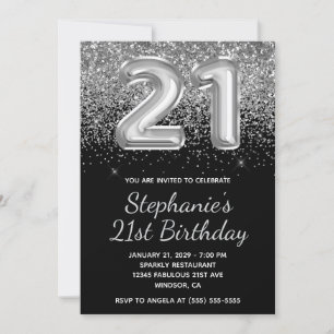 Invitation Balloons Noir Pailleté Argent Étincelant pour 21e