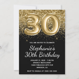 Invitation Balloons Noir Pailleté Or Étincelant 30ème Anniver