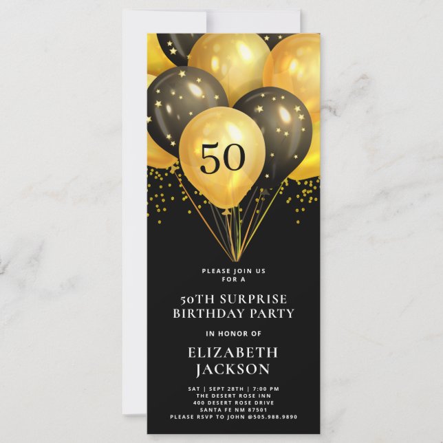 Invitation Balloons Noirs D'Anniversaire En Or Du 50E Anniver (Devant)