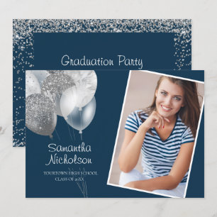 Invitation Balloons Pailletés Bleu Marine Argent Fête de Dipl
