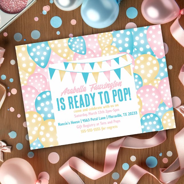 Invitation Balloons Pastel Prêt pour Pop Baby shower (Ready to pop baby shower invitation)