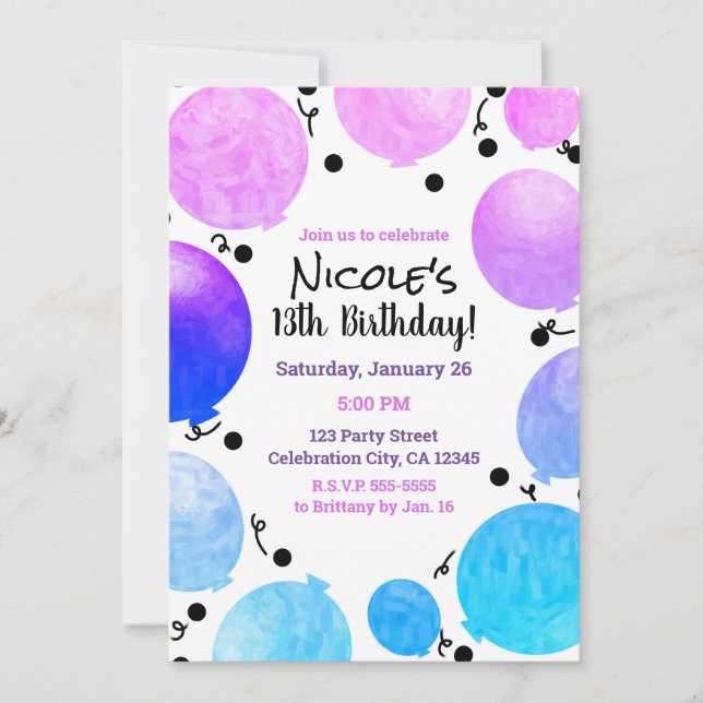Invitation Balloons Pastel Rose violet Anniversaire (Devant)