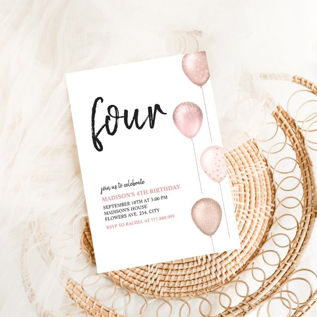 Invitation Balloons rose Fille Simple 4e anniversaire (Créateur téléchargé)
