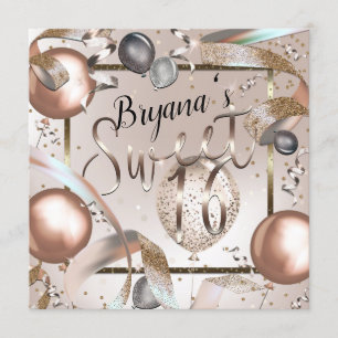 Invitation Balloons Rose Gold et Paillettes Fête Sweet 16