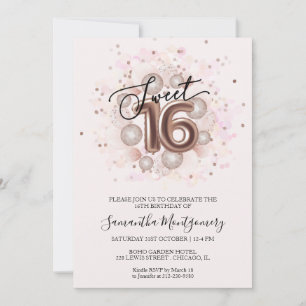 Invitation Balloons rose gold Sweet 16 rose aquarelle fille