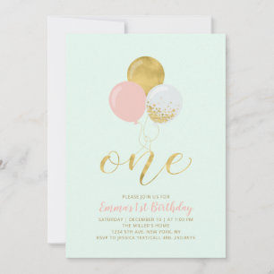 Invitation Balloons rose, Menthe & Or 1ère Fille Anniversaire