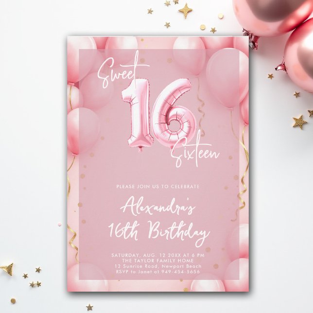 Invitation Balloons Rose Moderne Calligraphie Élégante Sweet  (sweet sixteen invitation birthday party pink balloons calligraphy milestone glam feminine)