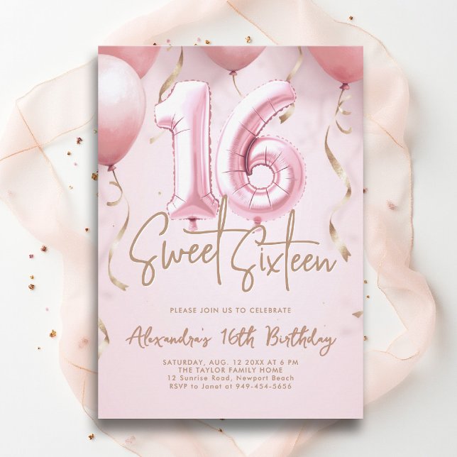 Invitation Balloons Rose Or Moderne Calligraphie Sweet 16 (sweet sixteen invitation 16th birthday party pink gold balloons calligraphy milestone glam feminine)