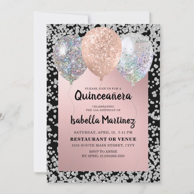 Invitation Balloons rose or Parties scintillant argent Quince (Devant)