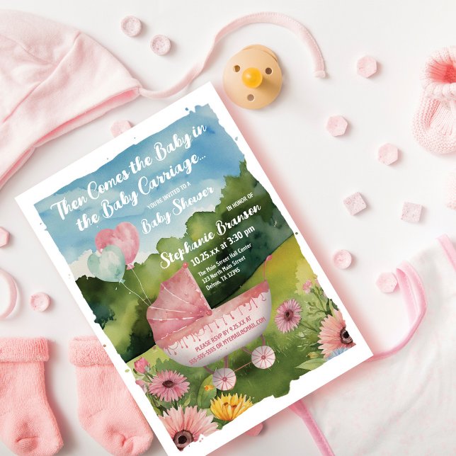 Invitation Balloons roses Bébé Poussette Baby shower aquarell (Créateur téléchargé)