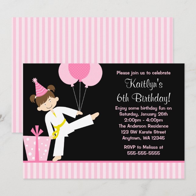 Invitation Balloons roses Naissance de Taekwondo Karate Girl (Devant / Derrière)