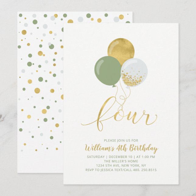 Invitation Balloons Sage & Gold Quatre fête d'anniversaire (Devant / Derrière)