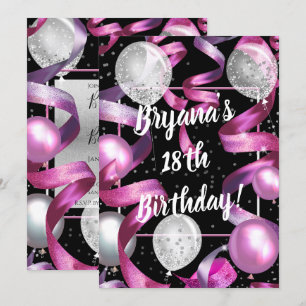 Invitation Balloons scintillants argent noir rose Fête d'anni