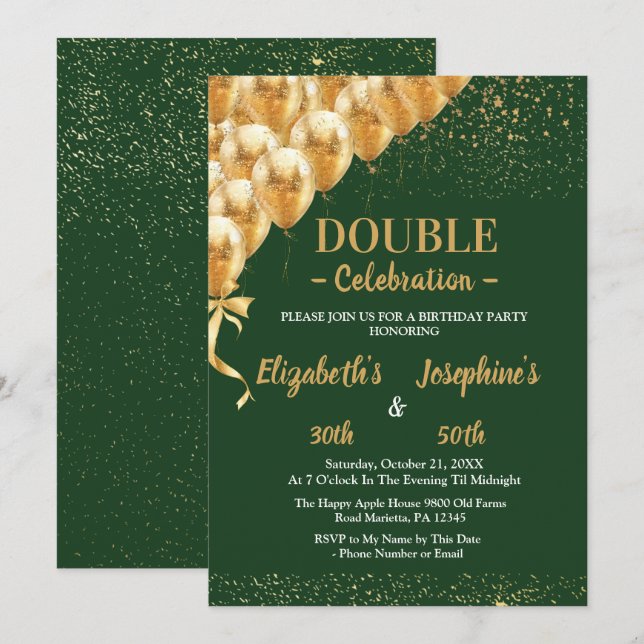 Invitation Balloons Vert Or parties scintillant double Annive (Devant / Derrière)