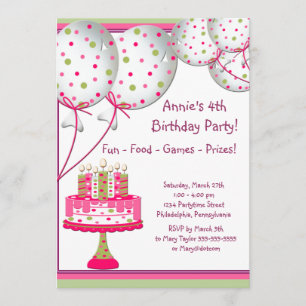 Invitation Balloons verts roses Filles de gâteaux 4e fête d'a