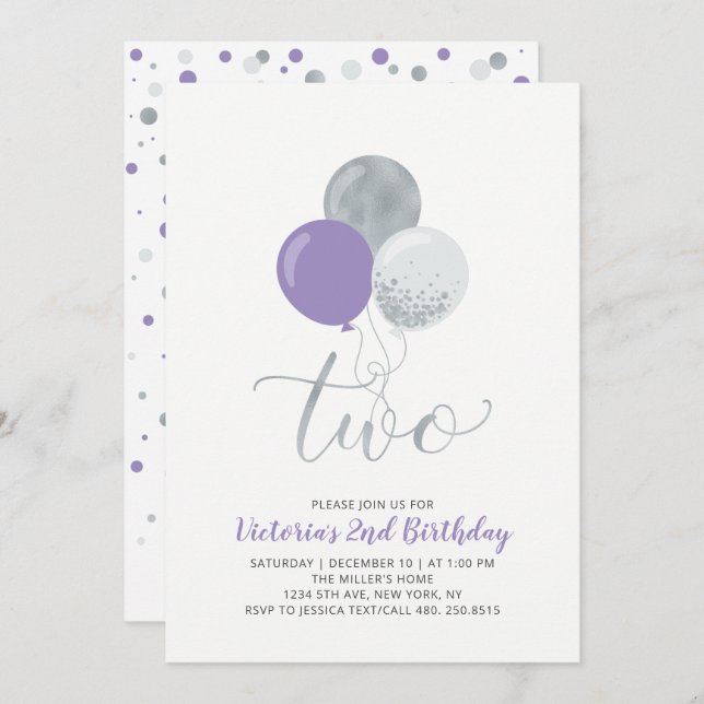 Invitation Balloons violet et argent Fille 2e fête d'annivers (Devant / Derrière)