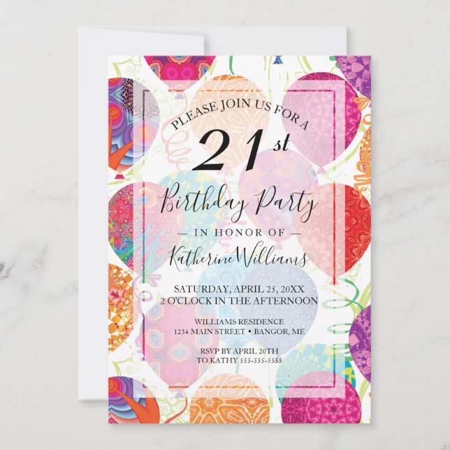 Invitation Balloons violets rose moderne 21e anniversaire (Devant)