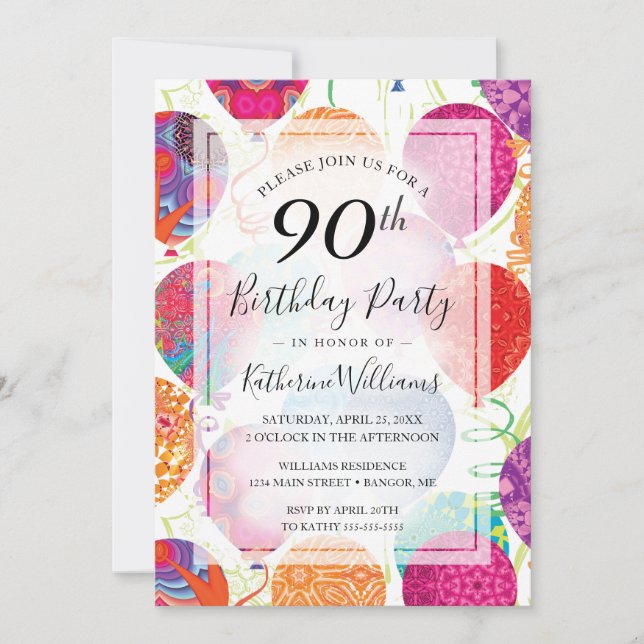 Invitation Balloons violets rose moderne 90e anniversaire (Devant)