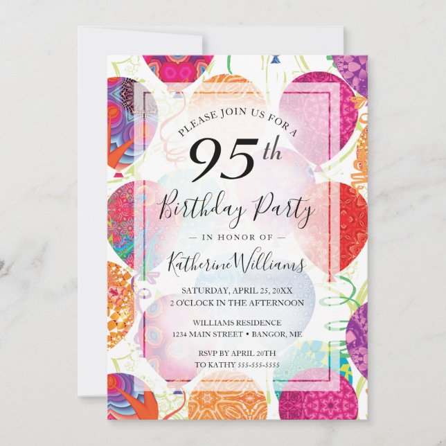 Invitation Balloons violets rose moderne 95e anniversaire (Devant)