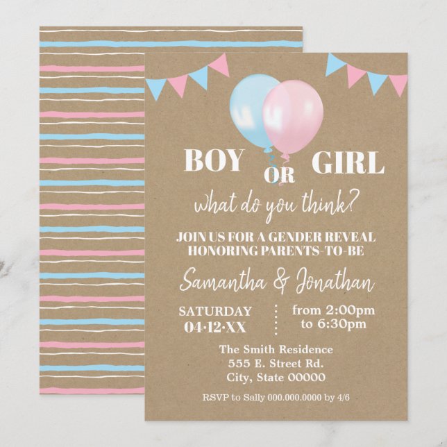 Invitation Balloques genre révéler garçon ou fille bébé révél (Devant / Derrière)