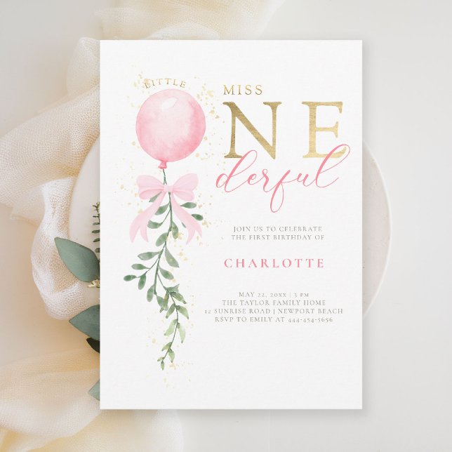 Invitation Ballotte de la petite Miss Pink Bow 1er fête d'ann (little miss onederful girls 1st birthday invite pink balloon bow greenery watercolor elegant gold)